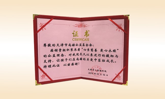 2019年1月-立博登录（中国）有限公司官网公益基金会荣获-天津市儿童福利院颁发的荣誉证书